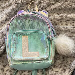 Justice Iridescent Sequin Backpack with Pom Pom
